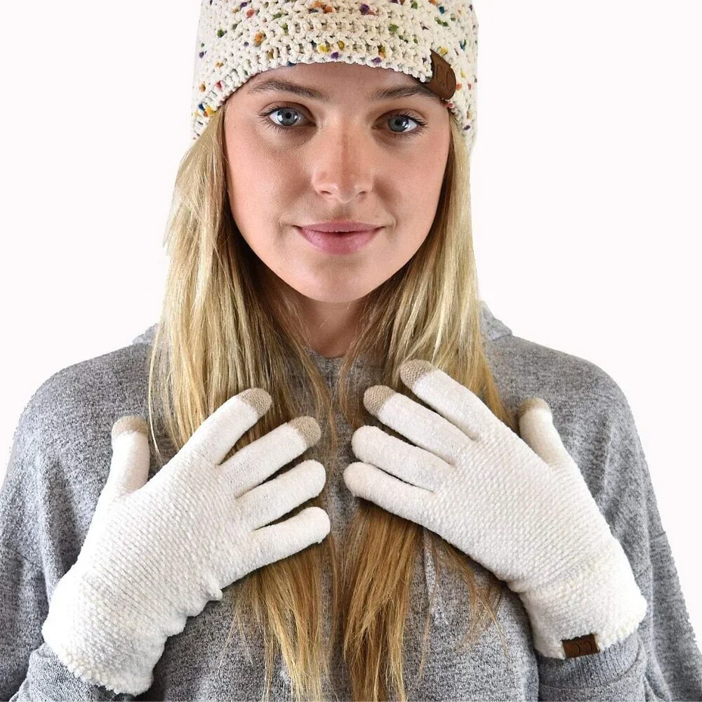 Women's Ivory Winter Warm Eco-friendly Knit Chenille Touchscreen Texting Gloves